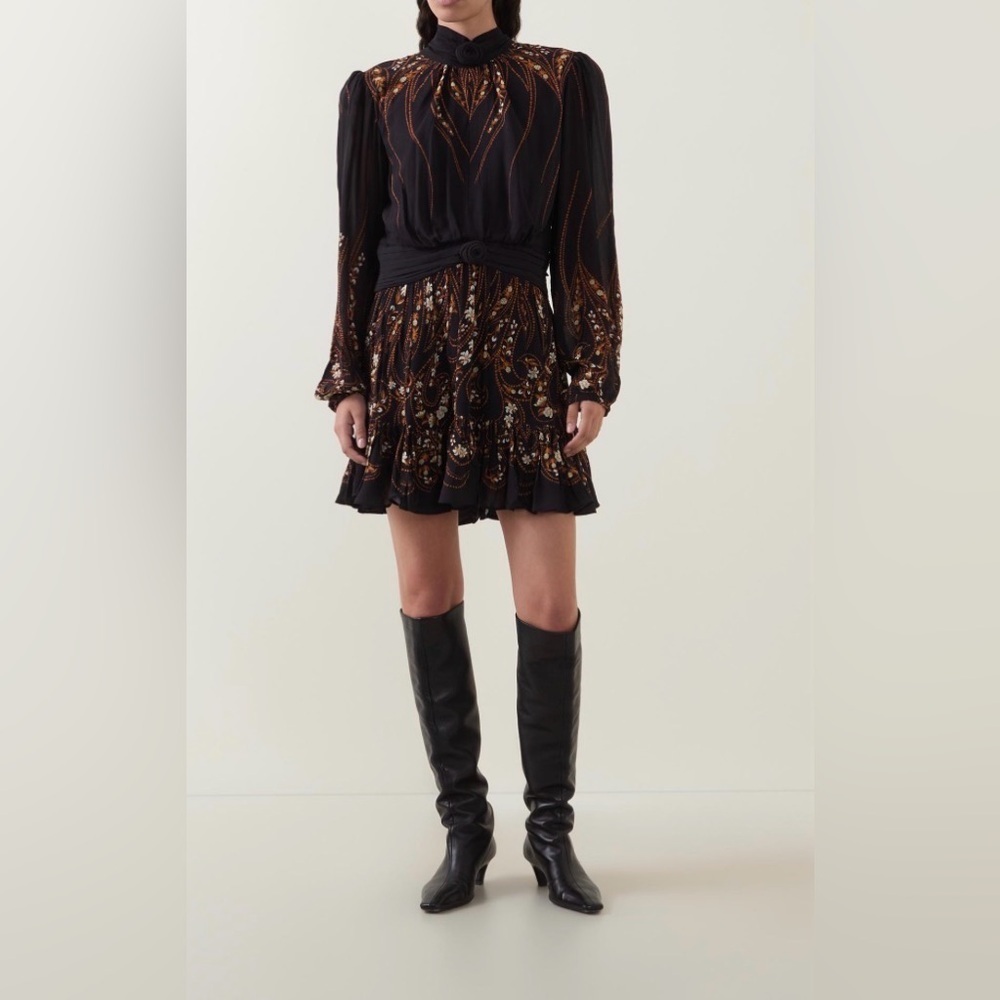 Farm Rio Black Floral Ruffle Mini Dress High Neck Long Sleeve Size S NWT